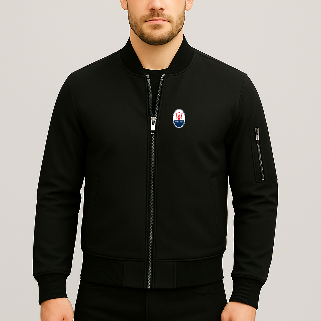 Men’s Maserati Car Lightweight Zip-Up Bomber Jacket with Ribbed Collar and Cuffs - Versatile Casual Outerwear